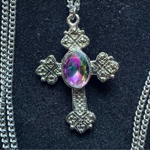 Vintage Celtic Style Mystic Quartz Gem Cross Necklace